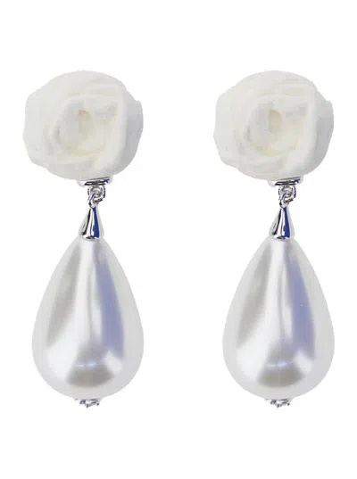 Shushu-tong Silver-colored Earrings With Floral Design And Beaded Pendants In Brass Blend Woman In Metallic