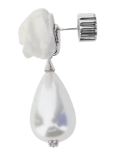 Shushu-tong Silver-colored Earrings With Floral Design And Beaded Pendants In Brass Blend Woman In Metallic