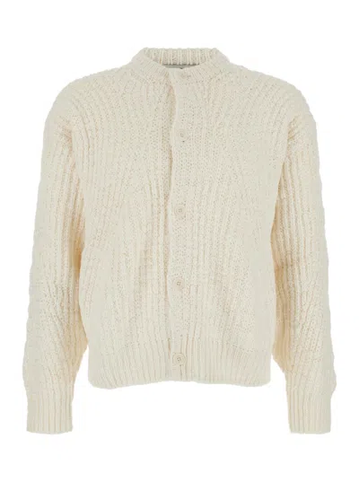 Coor White Crewneck Cardigan With Ribbed Trims In Wool Blend Man In Neutral