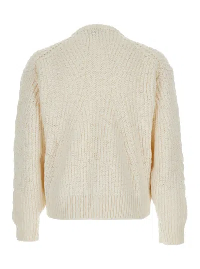 Coor White Crewneck Cardigan With Ribbed Trims In Wool Blend Man In Neutral
