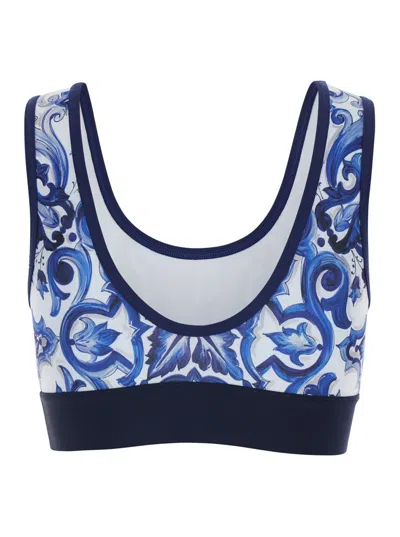 Dolce & Gabbana Multicolor Sleeveless Top With Logo Lettering On The Front And All-over Maiolica Motif In Tech Fabri In Blue