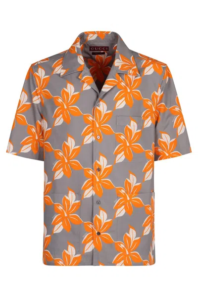 Gucci Multicolor Bowling Shirt With Cuban Collar And All-over Floral Print In Cotton Man In Orange