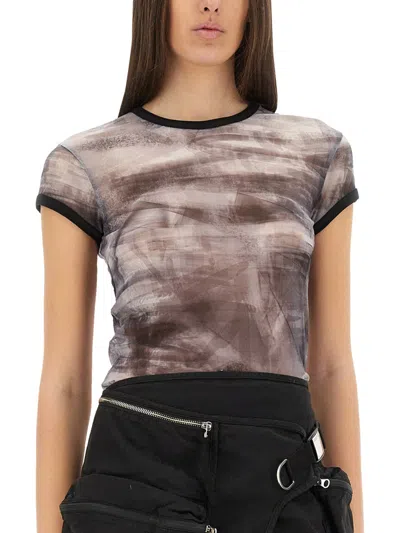 Helmut Lang Fitted T-shirt With Abstract Pattern And Sheer Fabric In Gray