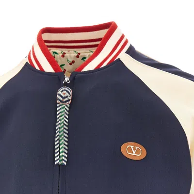Valentino Wool And Cotton Bomber Jacket With Vlogo And Chat De La Maison Patch In Blue