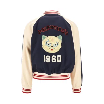 Valentino Wool And Cotton Bomber Jacket With Vlogo And Chat De La Maison Patch In Blue