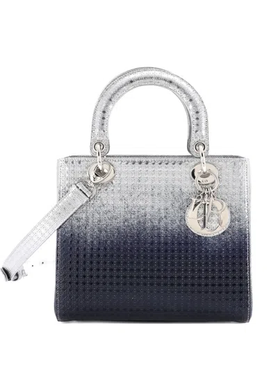 Pre-owned Dior Lady  Bag Micro Cannage Ombre Metallic Calfskin Medium Satchel In Silver