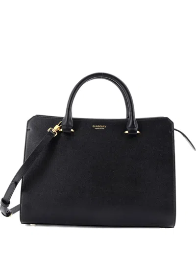 Pre-owned Burberry Banwell Leather And House Check Canvas Small Tote Bag In Black