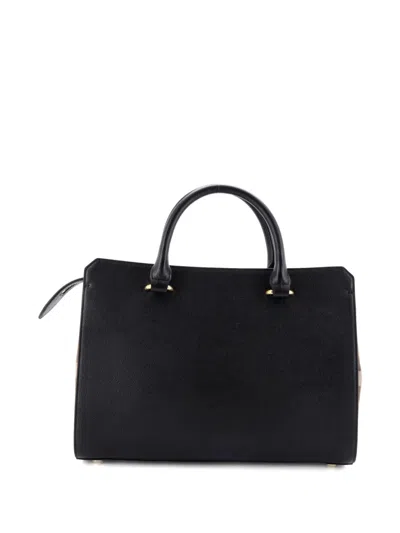 Pre-owned Burberry Banwell Leather And House Check Canvas Small Tote Bag In Black