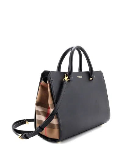 Pre-owned Burberry Banwell Leather And House Check Canvas Small Tote Bag In Black