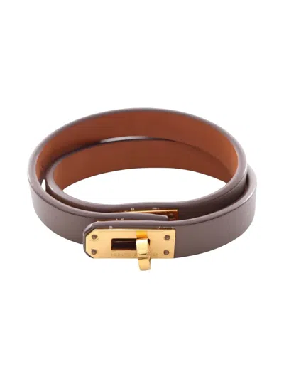 Pre-owned Hermes 2022 Mini Kelly Double Tour Leather Bracelet In Gold