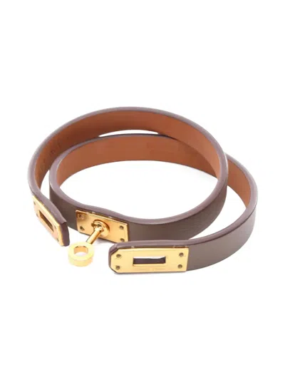 Pre-owned Hermes 2022 Mini Kelly Double Tour Leather Bracelet In Gold
