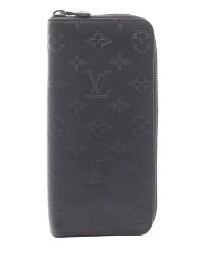 Pre-owned Louis Vuitton 2020 Monogram Shadow Zippy Leather Wallet In Black
