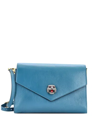 Pre-owned Gucci Crystal Animalier Shoulder Bag Leather Medium Crossbody Bag In Blue