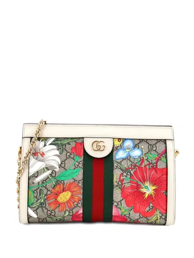 Pre-owned Gucci Ophidia Chain Shoulder Bag Flora Gg Coated Canvas Small Crossbody Bag In Neutral