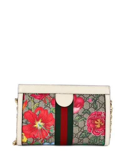 Pre-owned Gucci Ophidia Chain Shoulder Bag Flora Gg Coated Canvas Small Crossbody Bag In Neutral