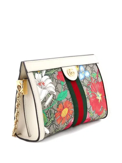 Pre-owned Gucci Ophidia Chain Shoulder Bag Flora Gg Coated Canvas Small Crossbody Bag In Neutral