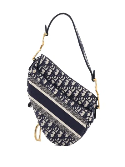 Pre-owned Dior Saddle Handbag Logo Embroidered Oblique Canvas Medium Shoulder Bag In Blue