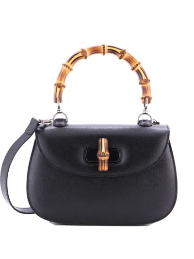 Pre-owned Gucci Vintage Convertible Bamboo Top Handle Bag Leather Medium Satchel In Black