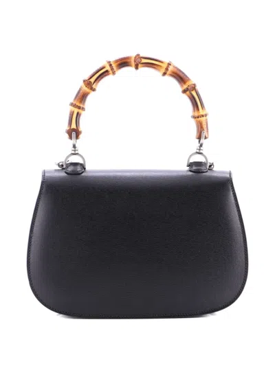 Pre-owned Gucci Vintage Convertible Bamboo Top Handle Bag Leather Medium Satchel In Black