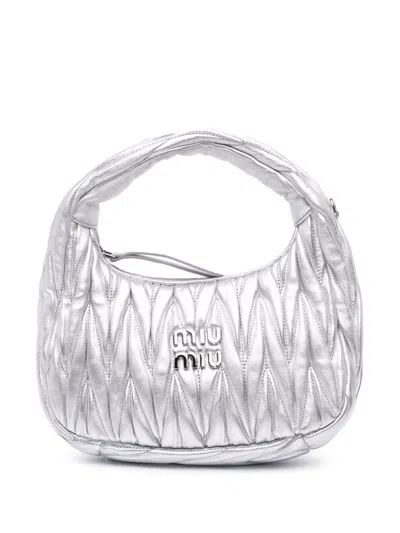 Pre-owned Miu Miu 2021-2025 Mini Matelasse Metallic Nappa Wander Bag Satchel In Silver