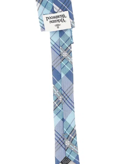 Vivienne Westwood Checked Embroidered-logo Silk Tie In Blue