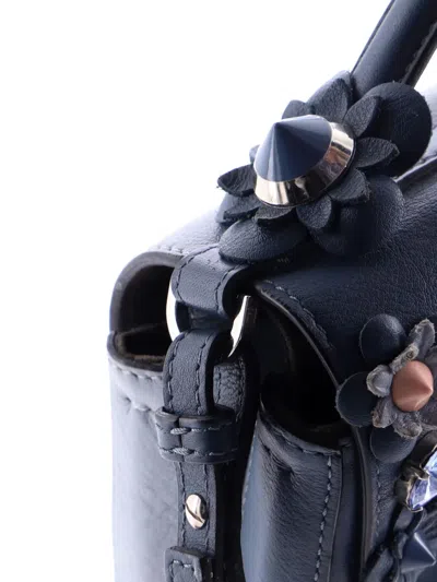 Pre-owned Fendi Flowerland Double Baguette Embellished Leather Micro Crossbody Bag In Blue