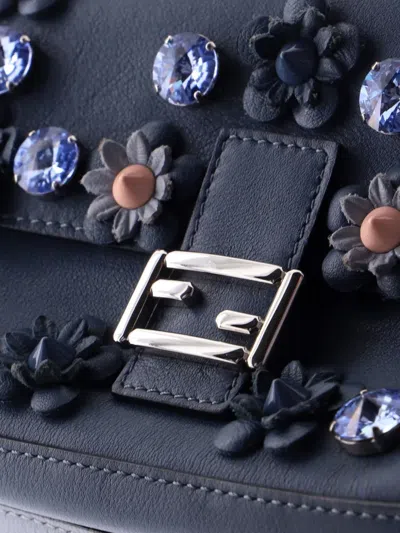 Pre-owned Fendi Flowerland Double Baguette Embellished Leather Micro Crossbody Bag In Blue