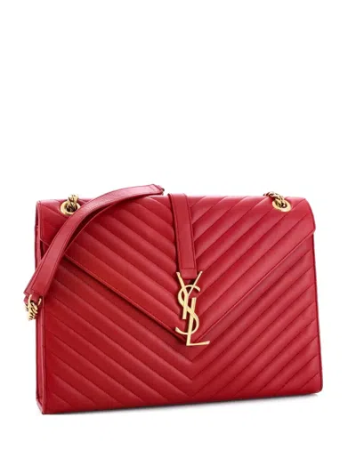 Pre-owned Saint Laurent Classic Monogram Envelope Satchel Matelasse Chevron Leather Large Shoulder Bag In Red