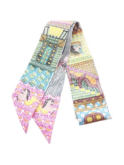 Pre-owned Hermes 20's Quest Ribbon Silk Scarf In White