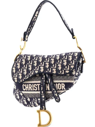 Pre-owned Dior Saddle Handbag Logo Embroidered Oblique Canvas Medium Shoulder Bag In Blue