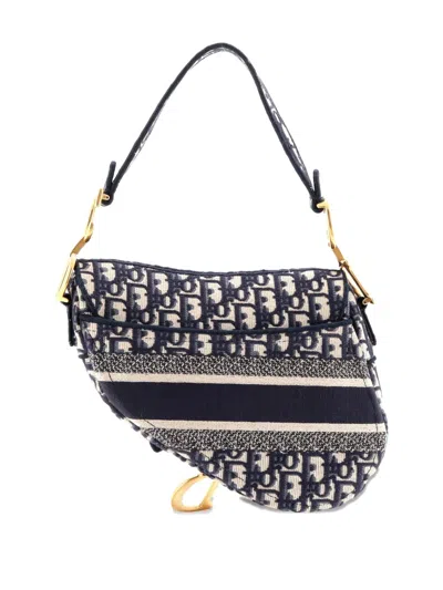 Pre-owned Dior Saddle Handbag Logo Embroidered Oblique Canvas Medium Shoulder Bag In Blue