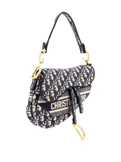 Pre-owned Dior Saddle Handbag Logo Embroidered Oblique Canvas Medium Shoulder Bag In Blue