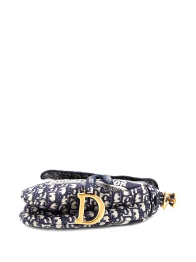 Pre-owned Dior Saddle Handbag Logo Embroidered Oblique Canvas Medium Shoulder Bag In Blue