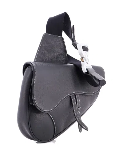 Pre-owned Dior Saddle Leather Mini Crossbody Bag In Black