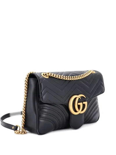 Pre-owned Gucci Gg Marmont Flap Bag Matelasse Leather Medium Shoulder Bag In Black