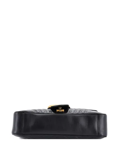 Pre-owned Gucci Gg Marmont Flap Bag Matelasse Leather Medium Shoulder Bag In Black