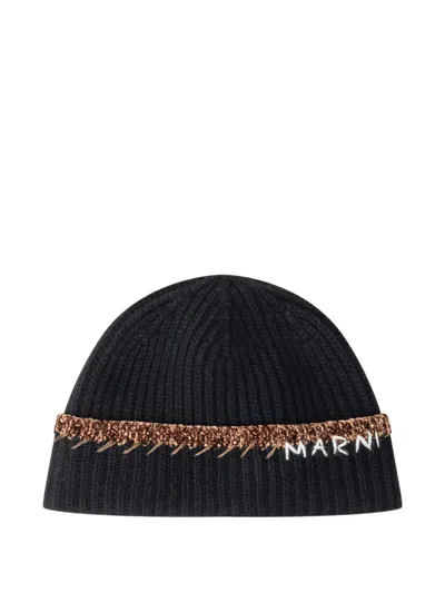 Marni Ribbed Trim Beanie In Black