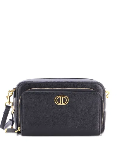 Pre-owned Dior Caro Double Pouch Leather Crossbody Bag In Black