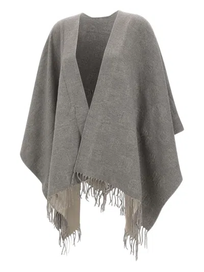 Elena Miro' Jacquard Fringed Cape In Gray