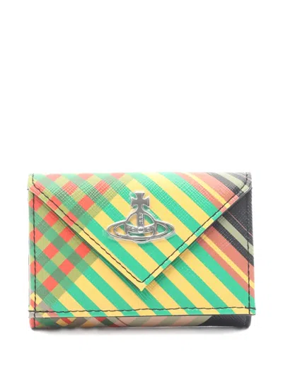 Pre-owned Vivienne Westwood 2020s Saff-print Tartan Envelope Orb Billfold Wallet In Green