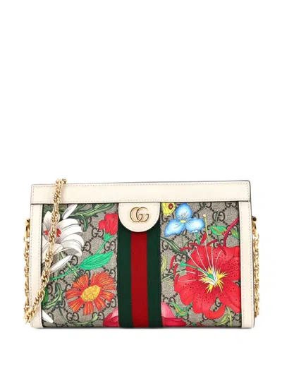 Pre-owned Gucci Ophidia Chain Shoulder Bag Flora Gg Coated Canvas Small Crossbody Bag In Neutral