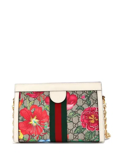 Pre-owned Gucci Ophidia Chain Shoulder Bag Flora Gg Coated Canvas Small Crossbody Bag In Neutral
