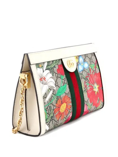 Pre-owned Gucci Ophidia Chain Shoulder Bag Flora Gg Coated Canvas Small Crossbody Bag In Neutral