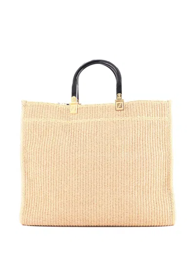 Pre-owned Fendi Sunshine Shopper Woven Raffia Medium Tote Bag In Neutral