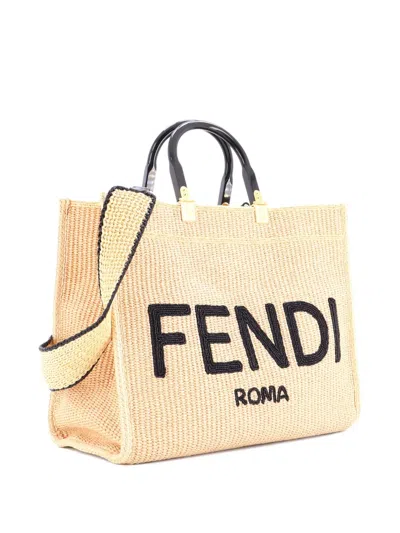 Pre-owned Fendi Sunshine Shopper Woven Raffia Medium Tote Bag In Neutral