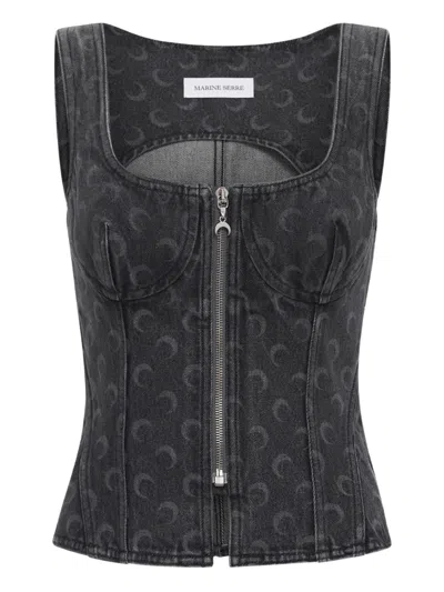 Marine Serre Womens Dark Grey Moon-print Bustier Denim Top In Gray