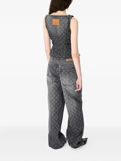 Marine Serre Womens Dark Grey Moon-print Bustier Denim Top In Gray