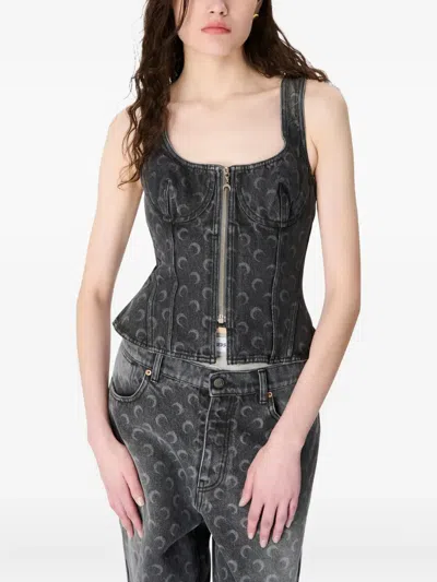 Marine Serre Womens Dark Grey Moon-print Bustier Denim Top In Gray
