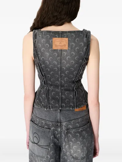 Marine Serre Womens Dark Grey Moon-print Bustier Denim Top In Gray