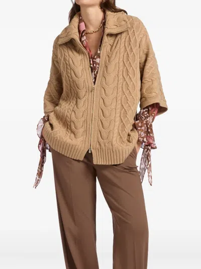 Elena Miro' Cable-knit Zip Cardigan In Brown